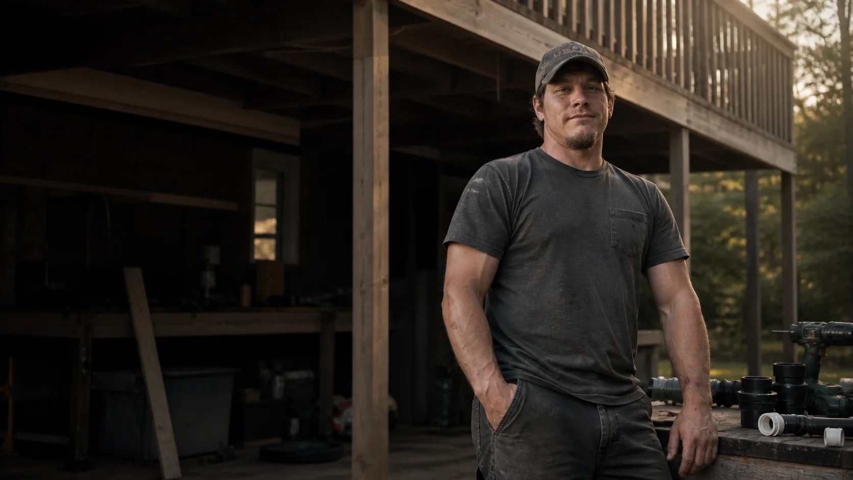 Steven Sansoucie at an outdoor worksite beneath a timber deck